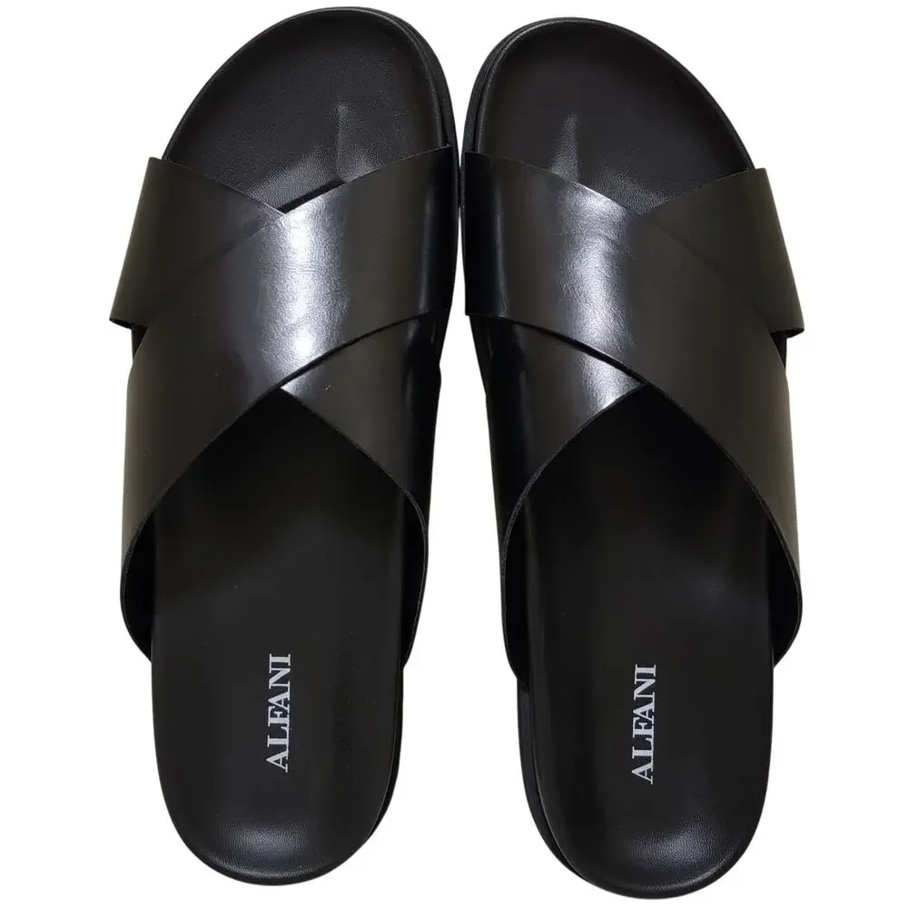 Alfani Men Whitter Cross Strap Slide Sandals Size US 10M Black Faux Leather